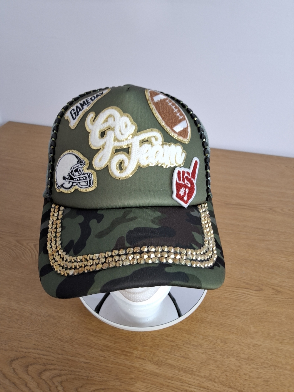 Handcrafted Womaen's Blinging CamoTrucker Football Sport Hat with Gold Studs